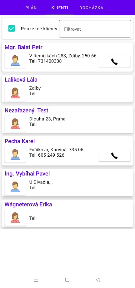 Seznam klientů v mobilu
