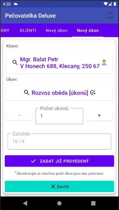 Obrazovka vykázání úkonu